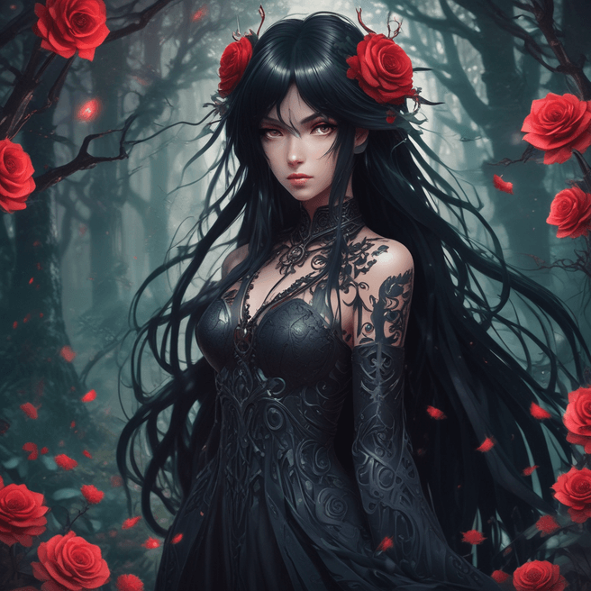Captivating Dark Fantasy Anime Woman in Enchanting Cinematic Setting