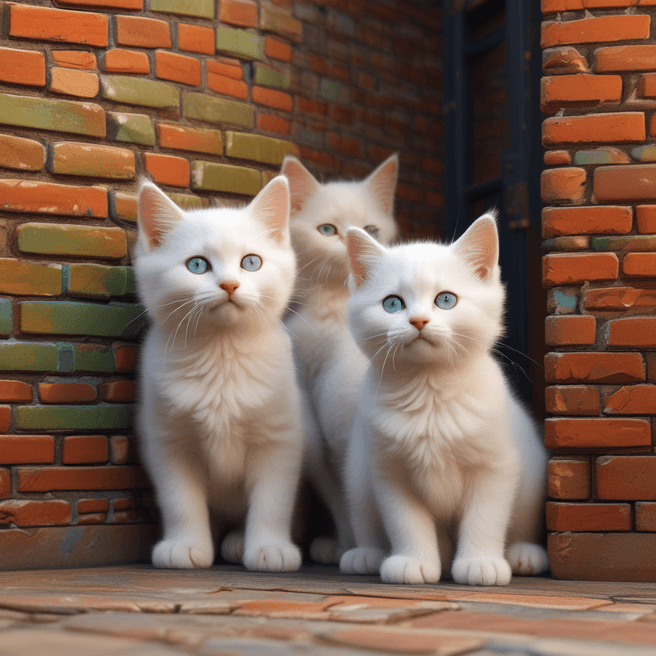 Adorable Fluffy Kittens 3D Render: Heartwarming Kittens Stackled Behind Brick Wall