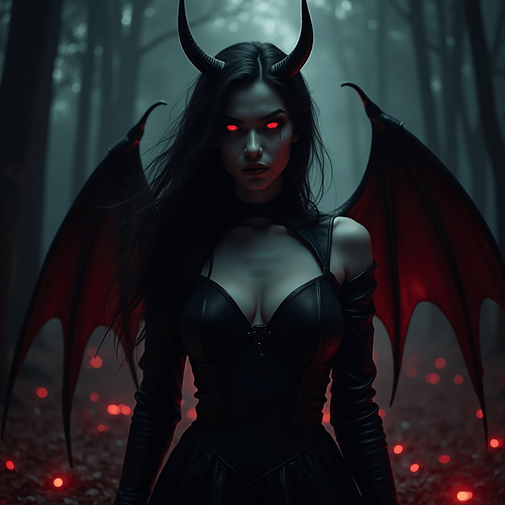 Seductive Succubus 4K Wallpaper: Dark Forest Fantasy Art