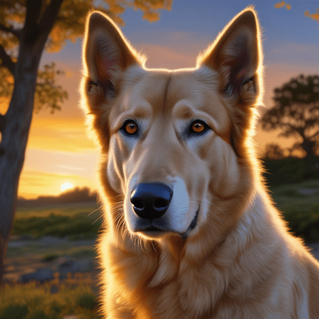 Golden Dog Close-Up Portrait in Breathtaking Sunset Landscape