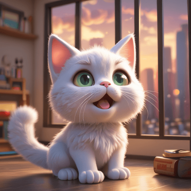 Chibi Cat 3D Render: Adorable Anime Yawning with City Vibes