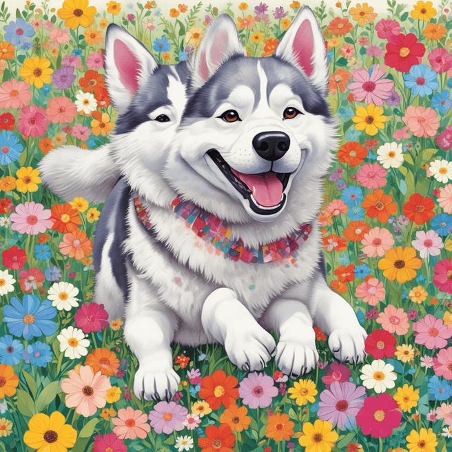Playful Husky Illustration: Whimsical Kid's Style Art of Dog Running Amid Flowers