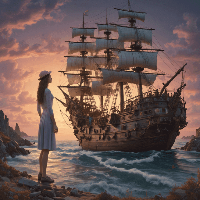 CGI Landscape: Fairy in Cap on Ship at Twilight, Cinema4D Art