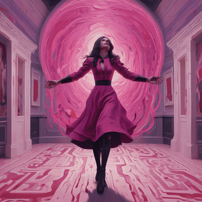 slayer, Magenta top, whirlwind boots, Holding with hands grasping an object, Black hole, Mid-afternoon, by Edvard Munch, Corona Render, Maya Model, Studio Lighting, Papercutting, Cold Color Palette, Detailed and Intricate, Embarrassed, Oil Paint, Baroque