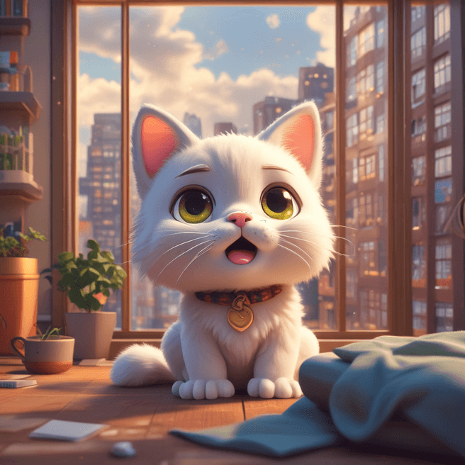 Chibi Cat 3D Render: Adorable Anime Yawning with City Vibes