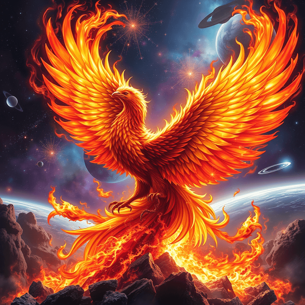 Fiery Phoenix Rebirth in Cosmic Nebula - Fulgent AI
