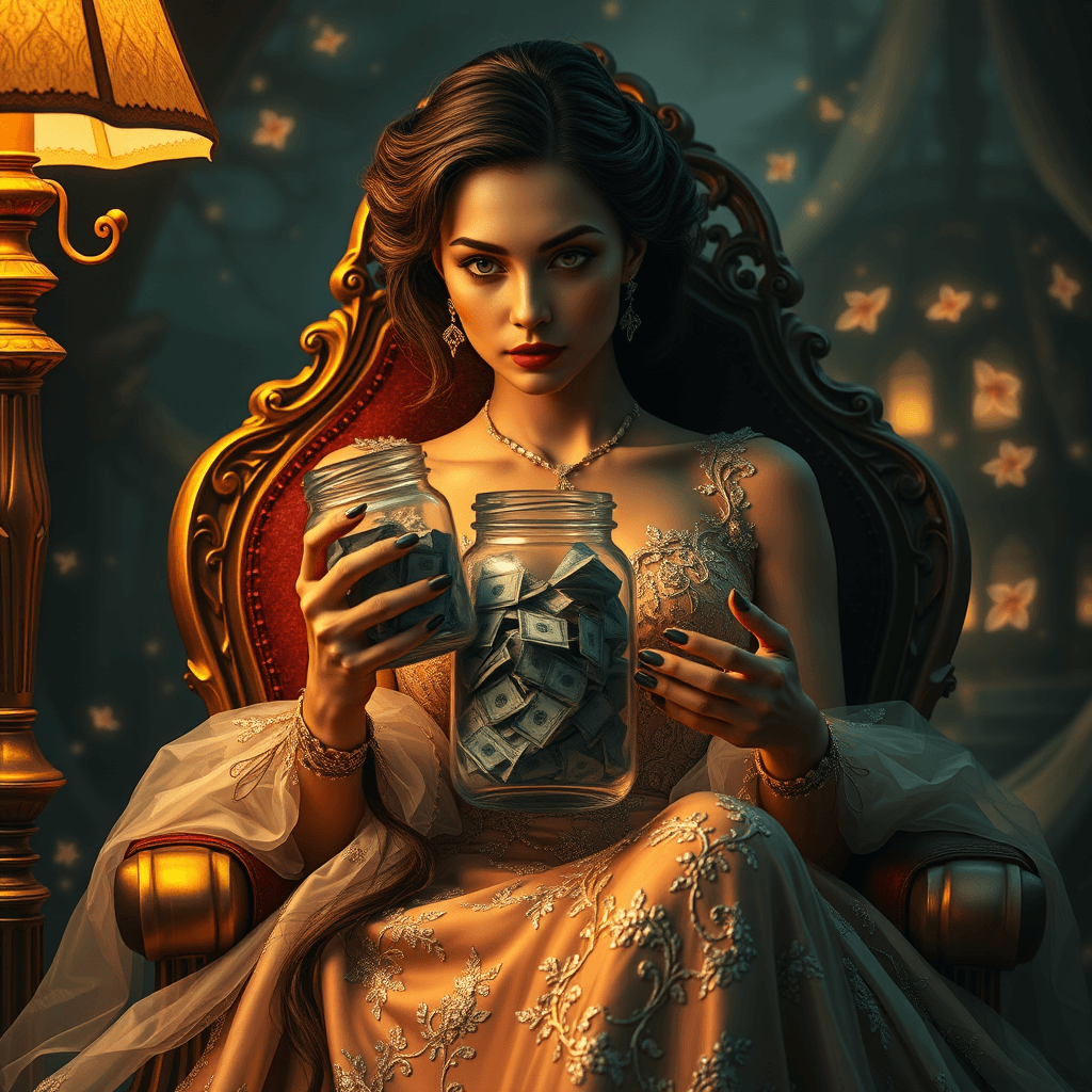 Surreal Fantasy Portrait: Elegant Woman with Money Jar in Enigmatic Atmosphere