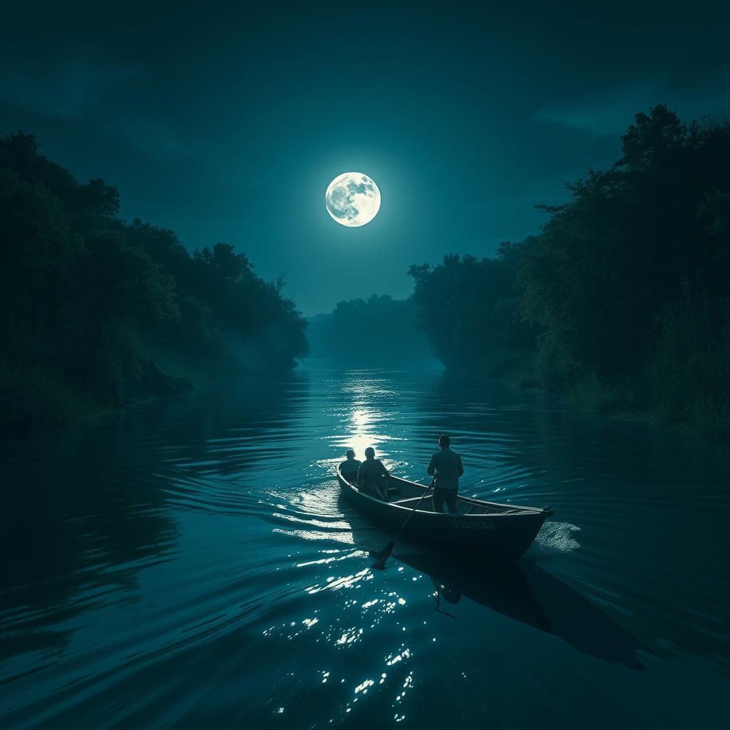 Majestic Boat Ride at Moonlit River - Fulgent AI
