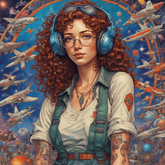 Curly-haired woman with aviator goggles and tattoos in cosmic aviation scene
