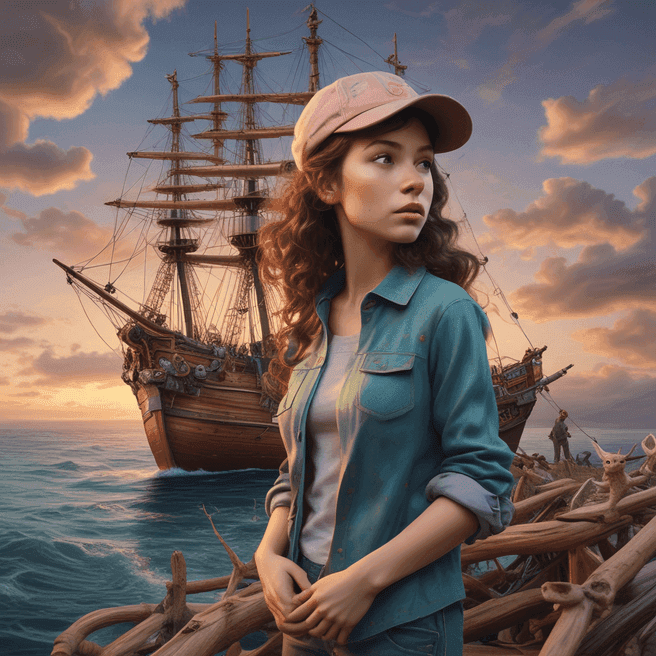 beautiful woman fairy, baseball cap, PTO, upstaging, Sailing ship, Twilight zone, by Jackson Pollock, Detailed Render, Cinema4d Model, Landscape, Wood-Carving, Pastel, Children's Drawing, Fear, Pastel Art, CGI