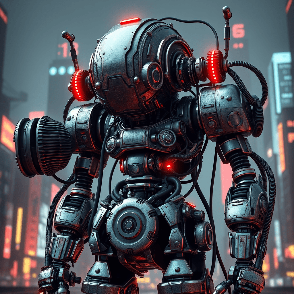 4k Retro-Futuristic Robot 3D Render: Industrial Aesthetic in Dystopian Cityscape