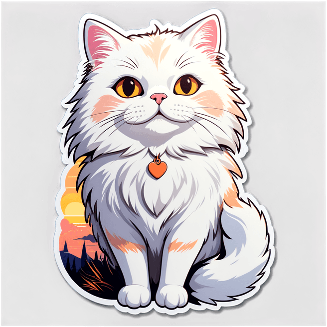 Romantic Sunset Vector Illustration of Cute White Cat with Bold Line Art