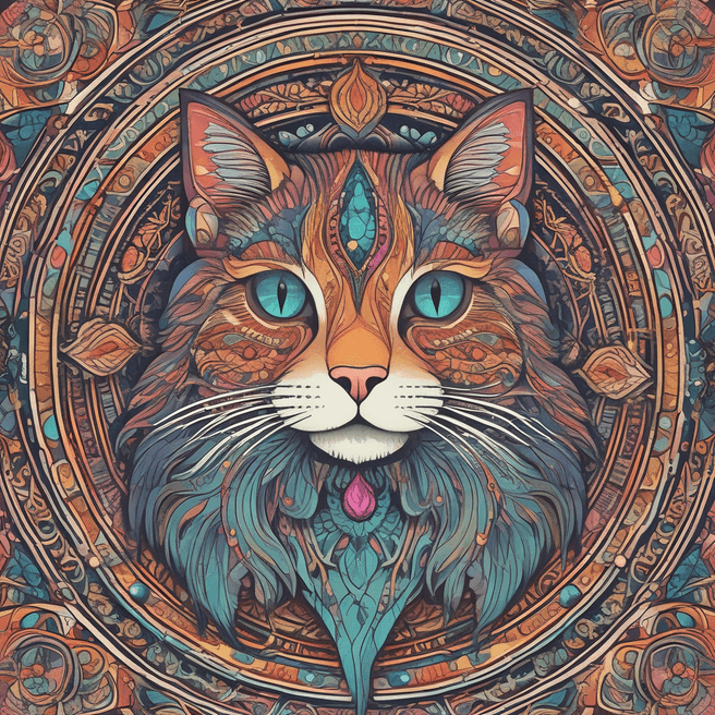Colorful Mandala Cat Illustration in Alphonse Mucha Style