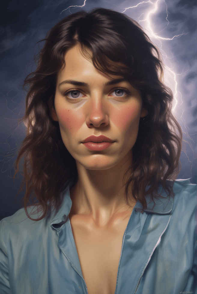 Captivating Woman's Self-Portrait with Striking Lightning Background
