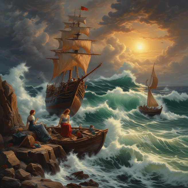 Vibrant Woman Painting Sailboat Amidst Stormy Sea - Fulgent AI