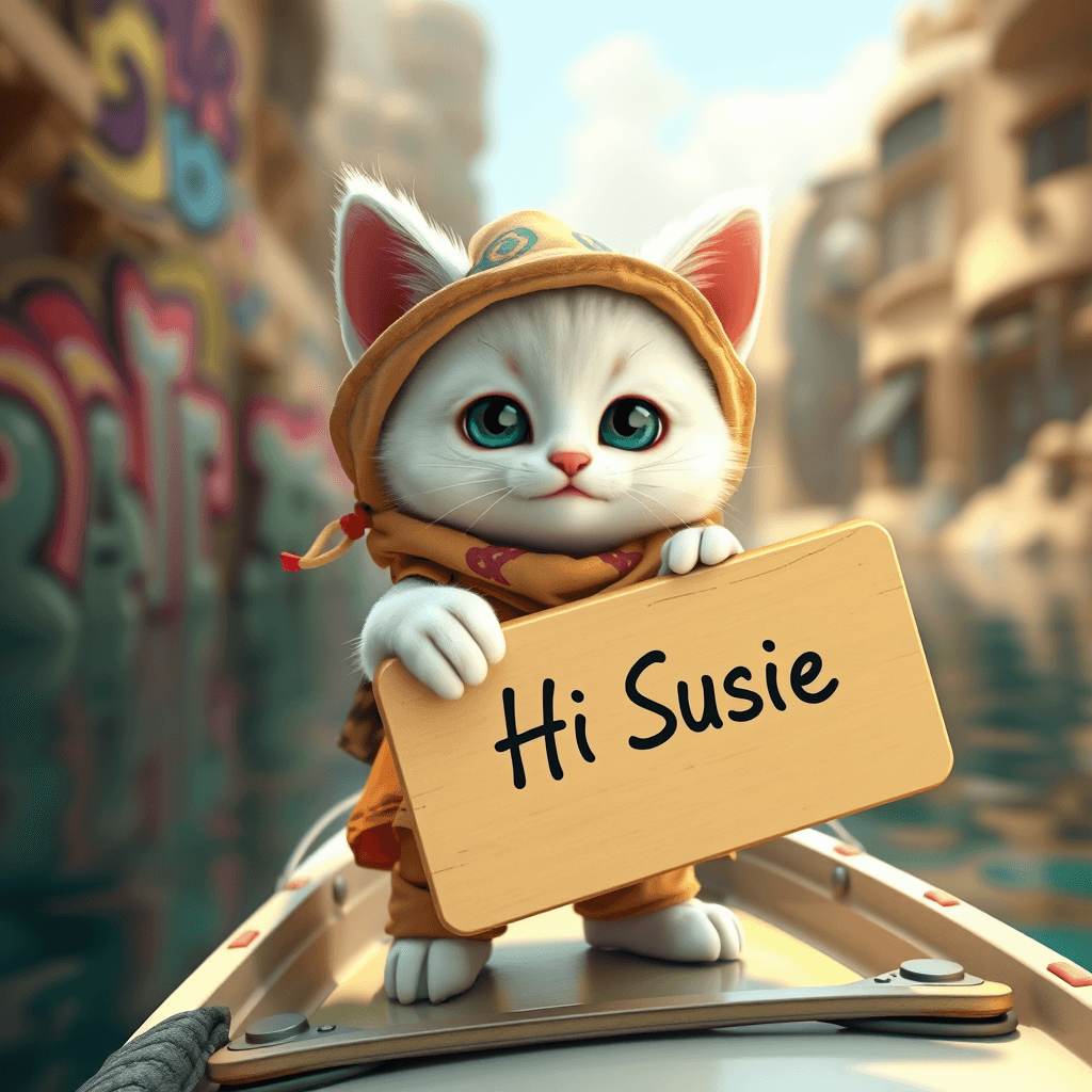 Adorable 3D Render: Cute Kitten in Desert Explorer Outfit with Vibrant Graffiti Art