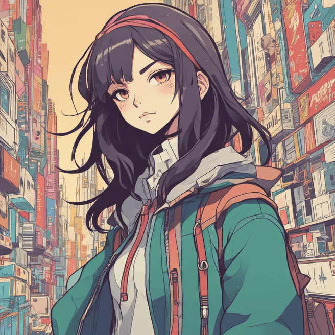 1girl,cel shading,bold outlines,flat colors,sharp shadows,graphic style,(manga influence),clean linework,(striking visuals),multicolored background