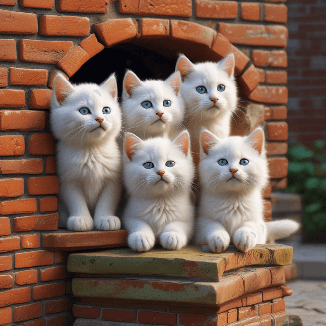 Adorable Fluffy Kittens 3D Render: Heartwarming Kittens Stackled Behind Brick Wall