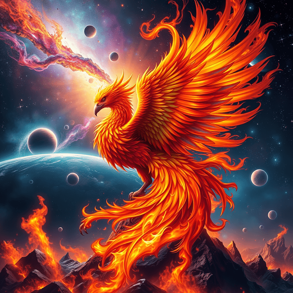 Fiery Phoenix Rebirth in Cosmic Nebula - Fulgent AI
