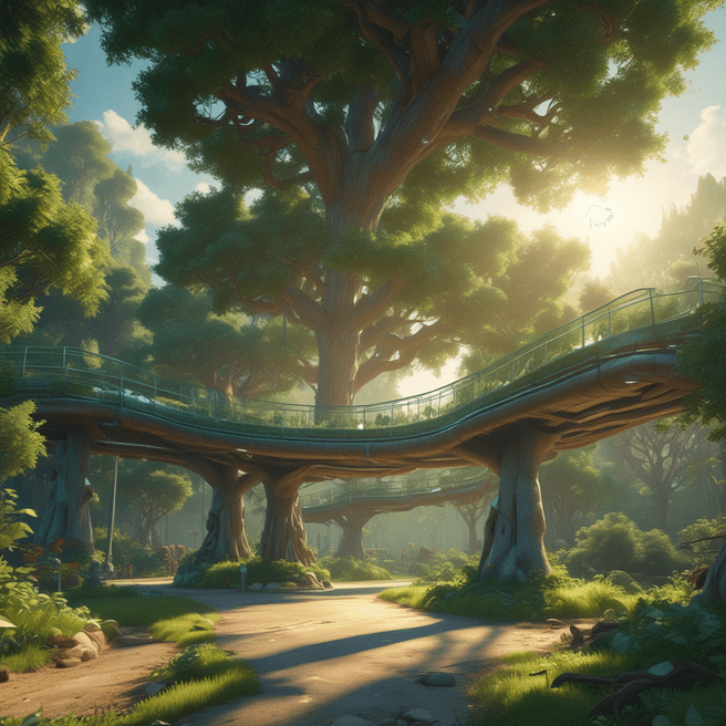 Futuristic 3D Pixar Tree City in Sunlit Green Landscape - 4K