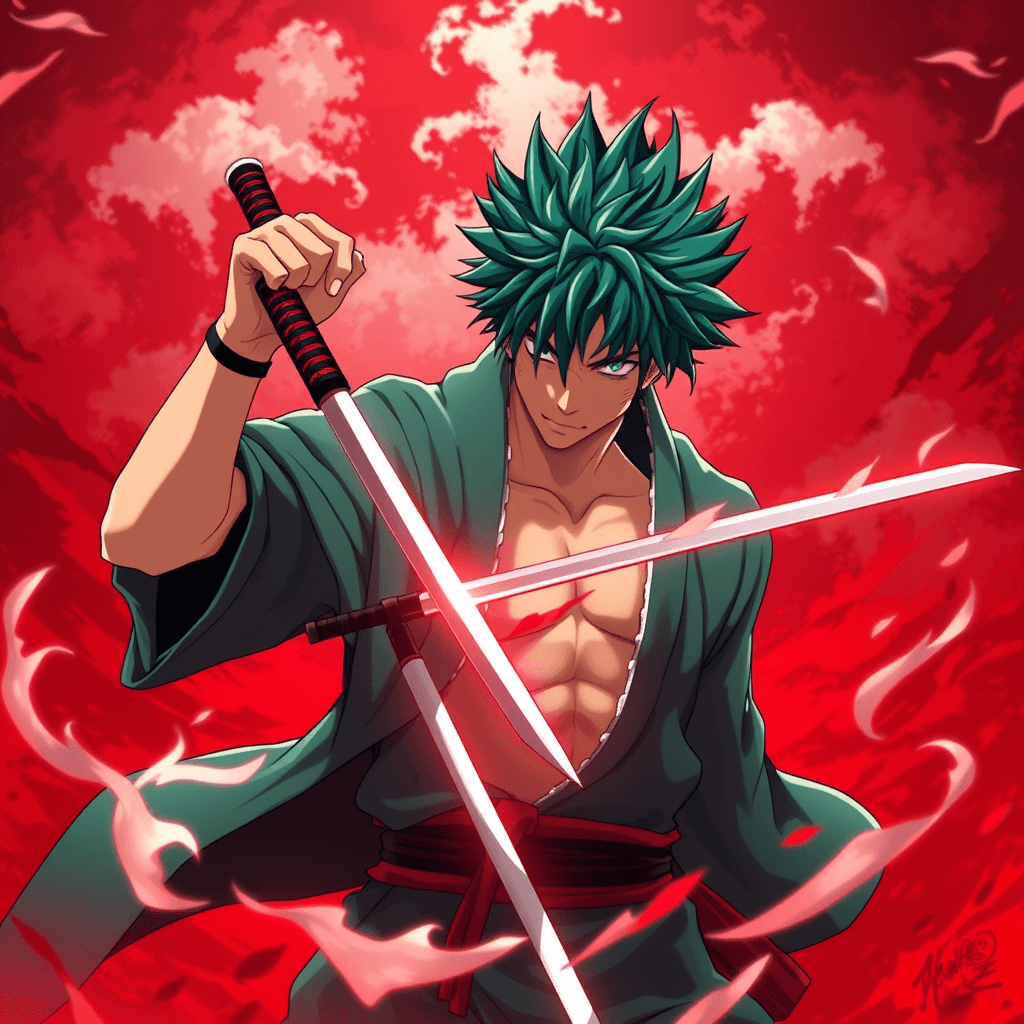 Roronoa Zoro 5K Wallpaper: Detailed Character in Red Environment with Two Swords