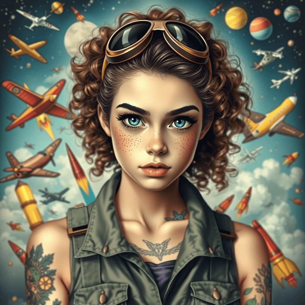 Curly-Haired Aviator Woman with Tattoos in Cosmic Flight Scene