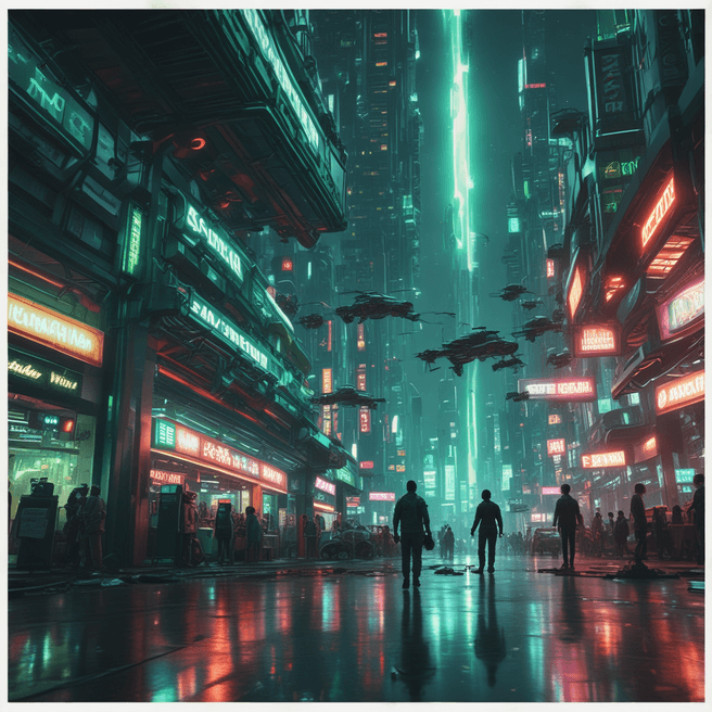 Cinematic action scene of a sci-fi movie in front of a convenience store inside a lunar city4 in the style of elysium by neill blomkamp, shot at a phantom tmx 75105, futuristic gyromats in dynamic motion in an interstellar environment with green hues and light-red accents1 intricate details, volumetric lighting, lunar --ar 169 --s 260