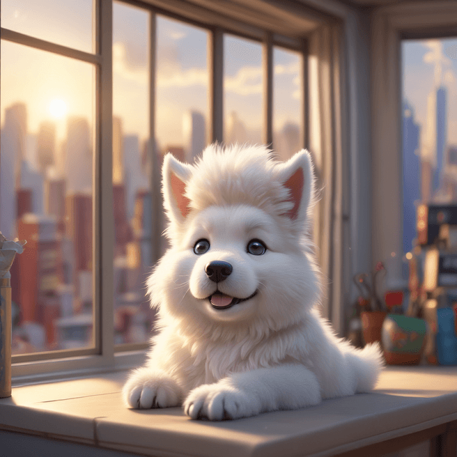 Chibi White Tatra Shepherd Dog 3D Render: Anime Yawning in Vibrant Cityscape