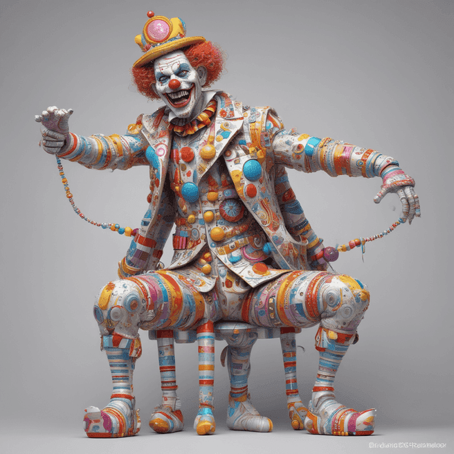 carnival clown, sport jacket, feeder, Doing sit-ups, bottom, Bright white, by Gustave Klimt, Creature Design, Zbrush Sculpt, Macro, Paper Model, Neon, Doodle, Fear, Oil Paint, Dadaist