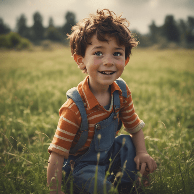 Pixar style Portrait of a boy playing in a field