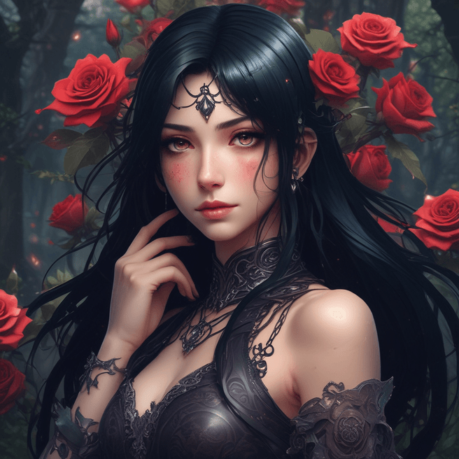 Captivating Dark Fantasy Anime Woman in Enchanting Cinematic Setting