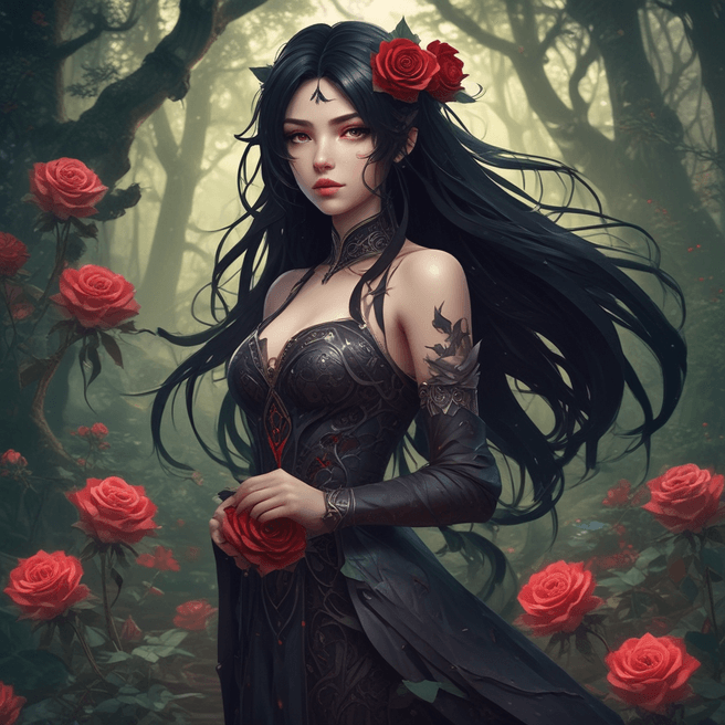 Captivating Dark Fantasy Anime Woman in Enchanting Cinematic Setting