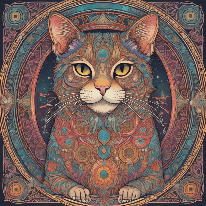 Colorful Mandala Cat Illustration in Alphonse Mucha Style