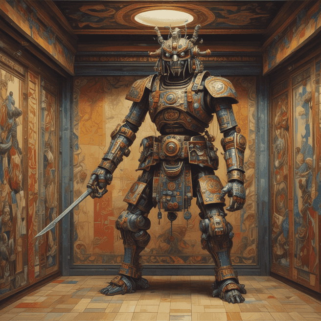 robot samurai, masquerade, Wooden stake grappling hook, striking, Crystal mountain, New moon, by Edward Hopper, PBR, Maya Model, Fisheye Lens, Paper-Mache, Electric Colors, Detailed and Intricate, Lonely, Colored Pencil, Mural