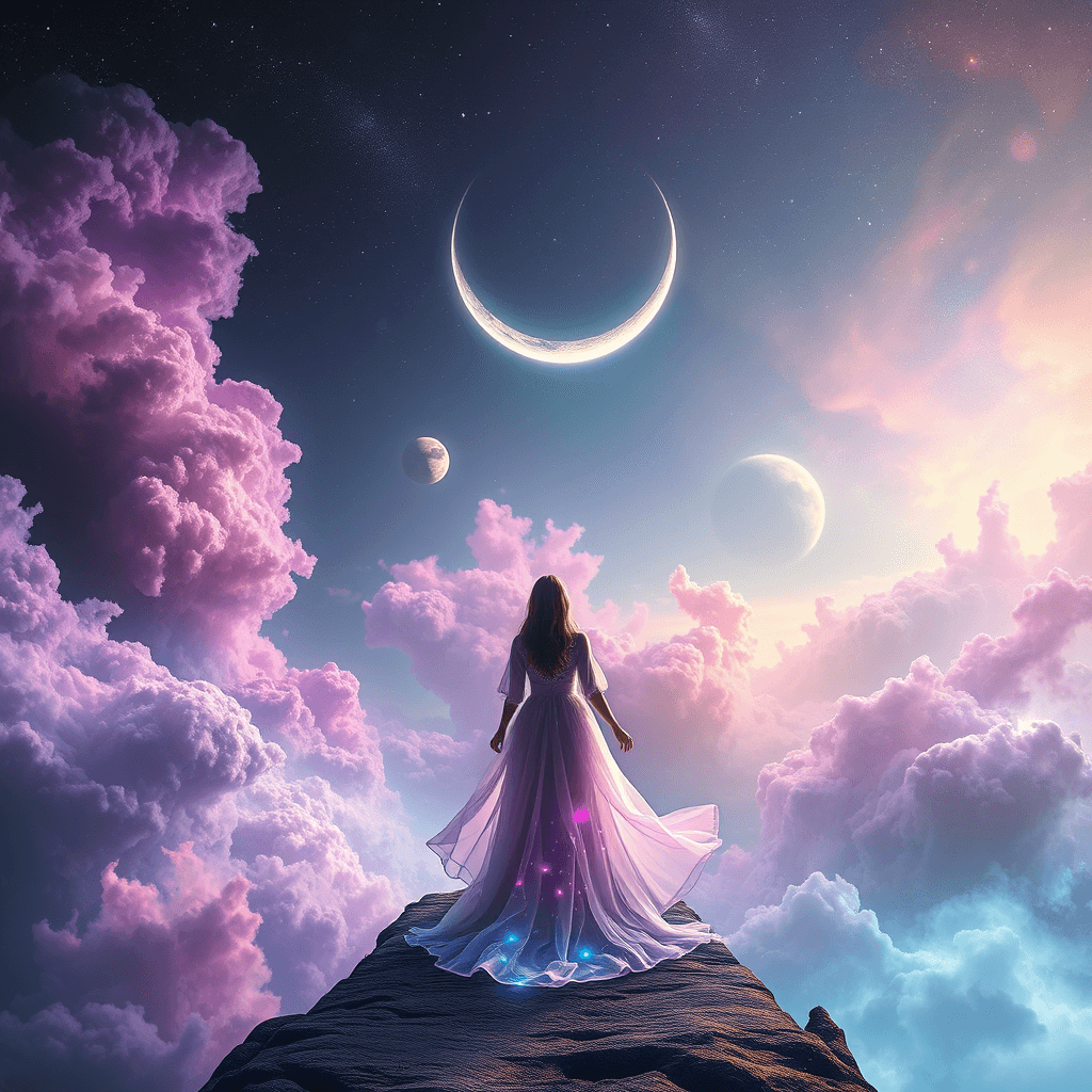 Surreal Cosmic Female Figure Gazing at Crescent Moon in Luminescent Gown