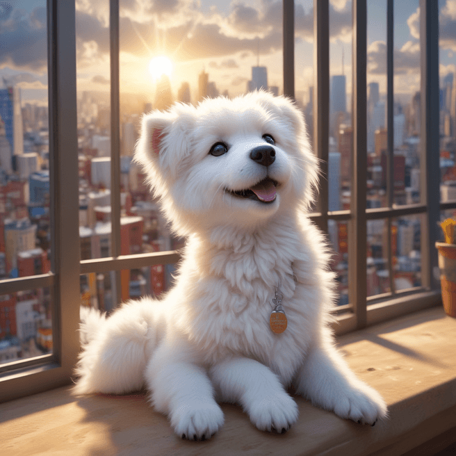 Charming 3D Anime Chibi White Tatra Shepherd Dog Yawning in Vibrant City Scene