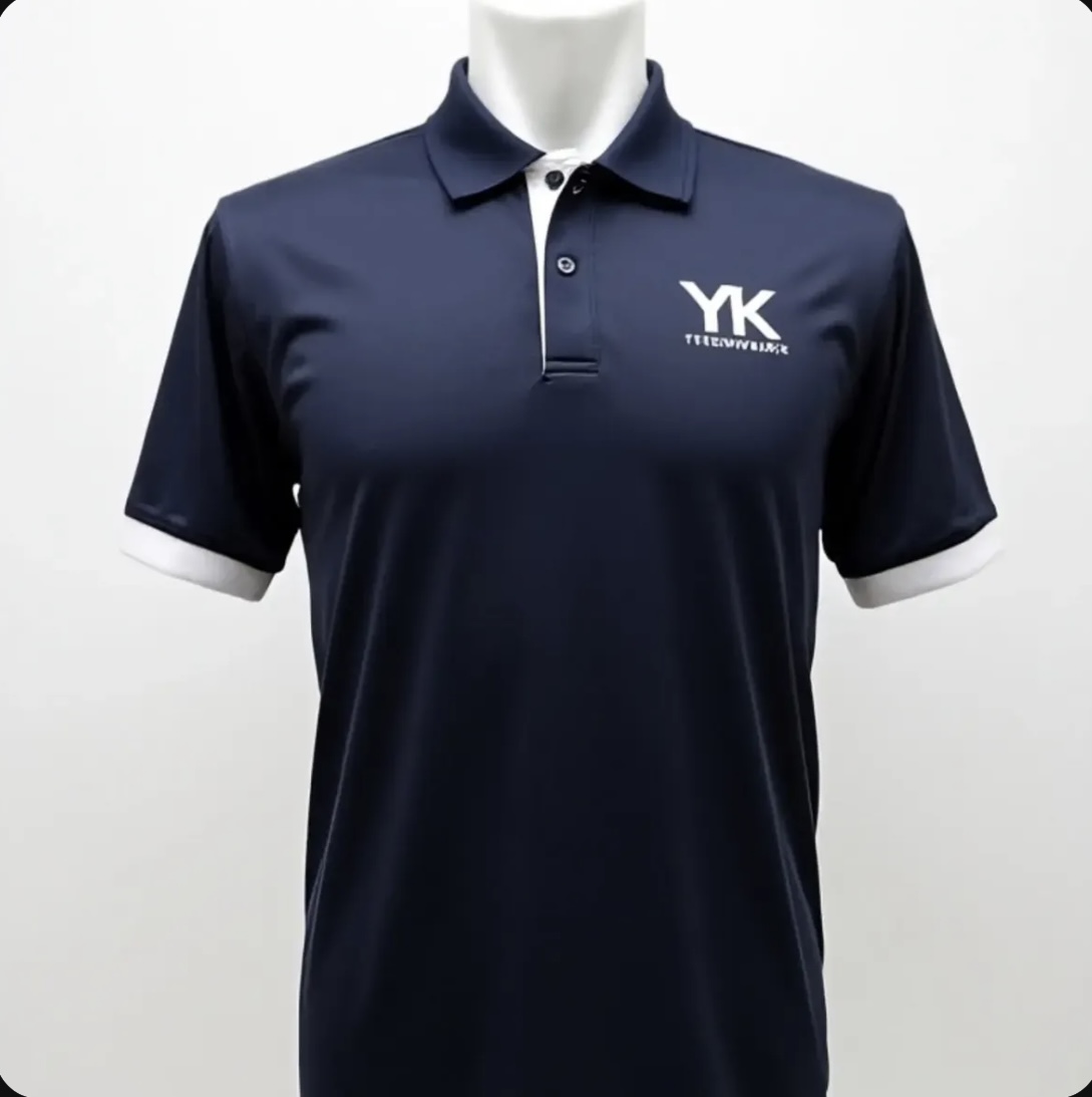 Navy polo shirt with white trim and YK logo on chest