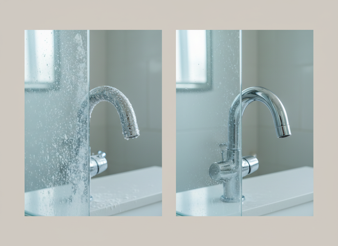 Bathroom faucet and glass shower door hard water damage, before and after