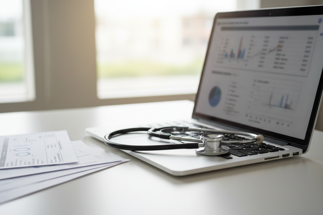 Realistic photo of a stethoscope resting on a laptop keyboard while reviewing lab results on the screen.