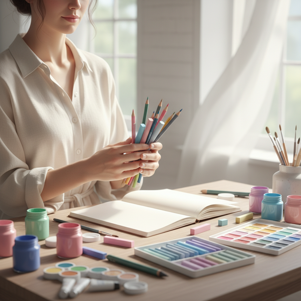 woman painting with pastels