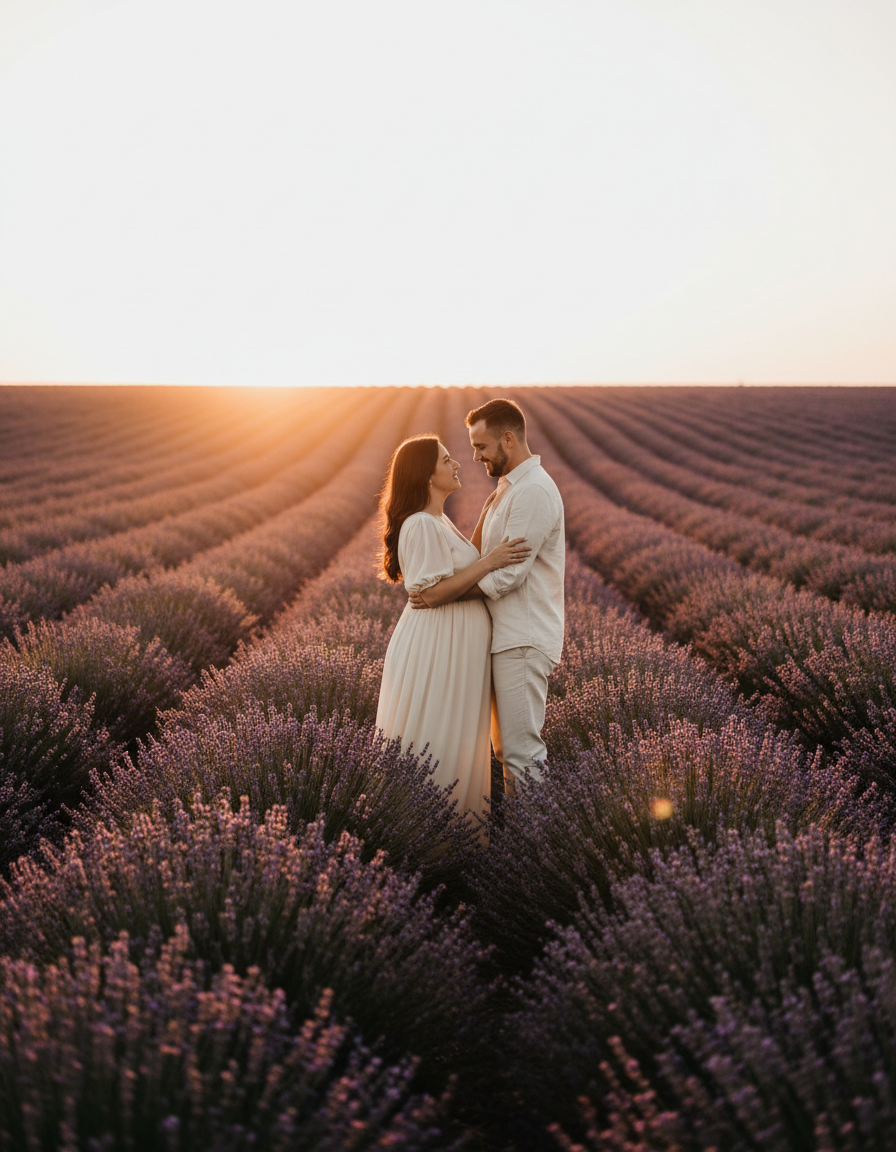 Maternity couple embracing in private lavender field