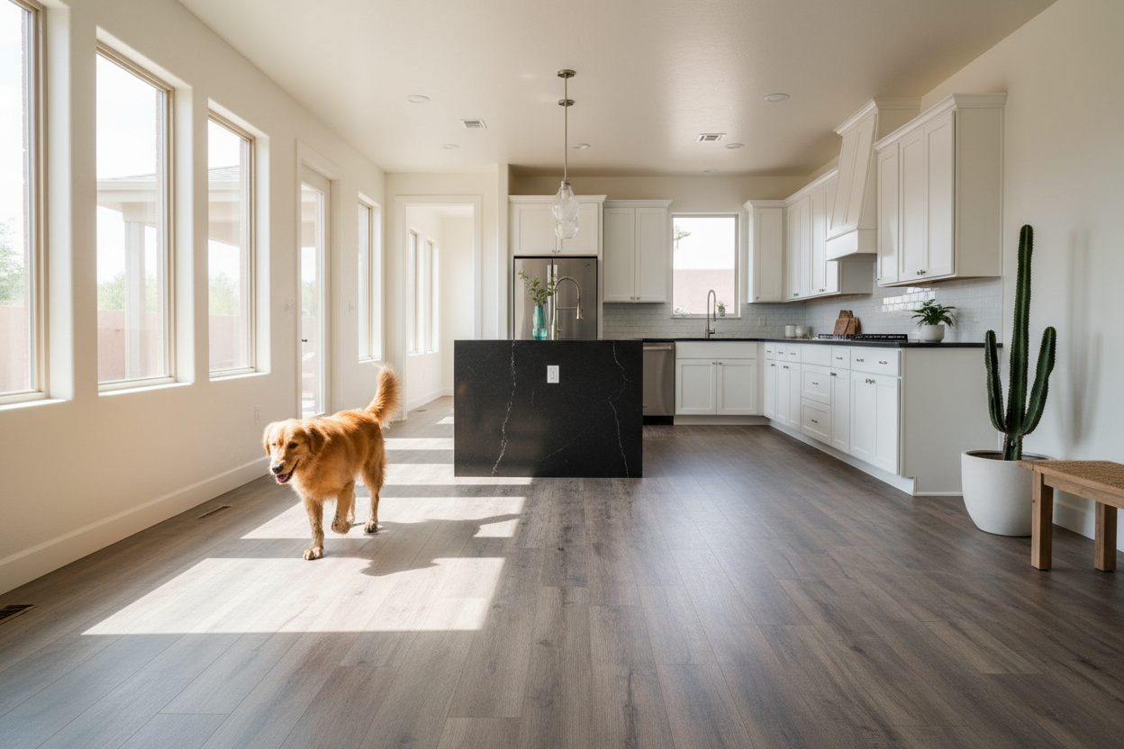 Luxury vinyl plank flooring in a bright Oro Valley kitchen and living area with a dog.