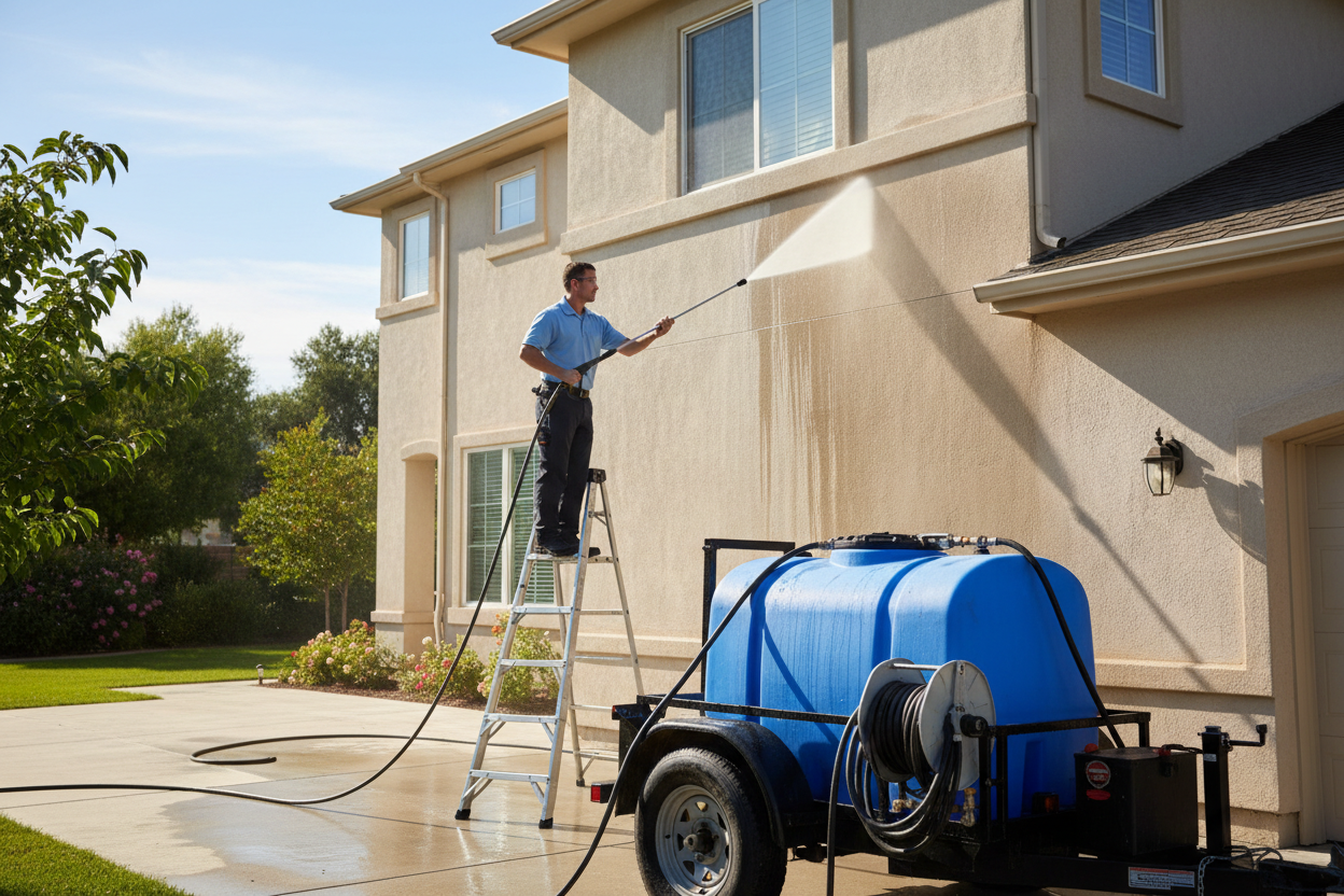 Technician pressure washing a home exterior