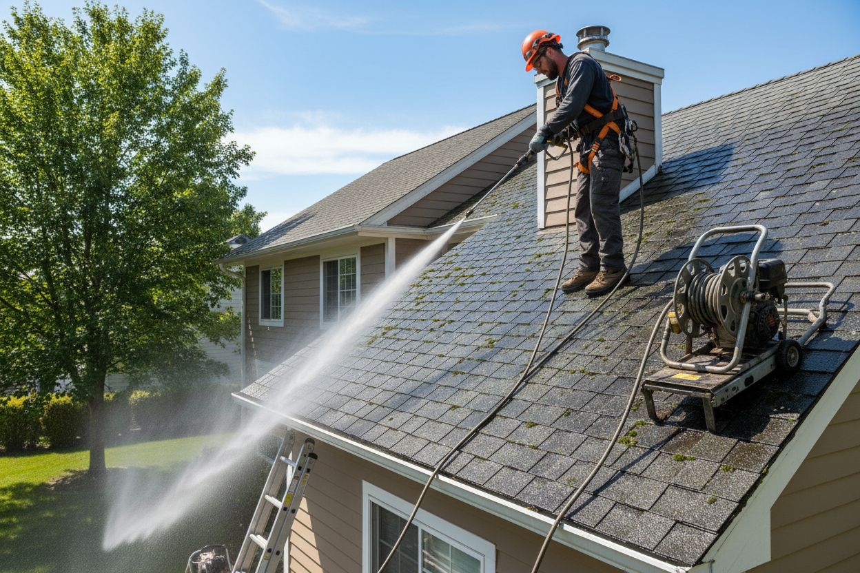 Worker cleaning a residential shingle roof with pressure washer
