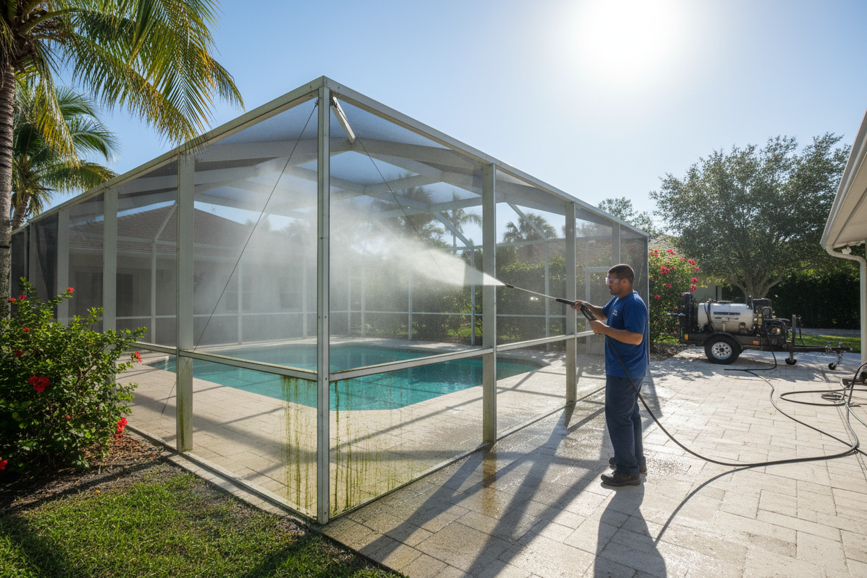 Pool cage and lanai enclosure being pressure washed