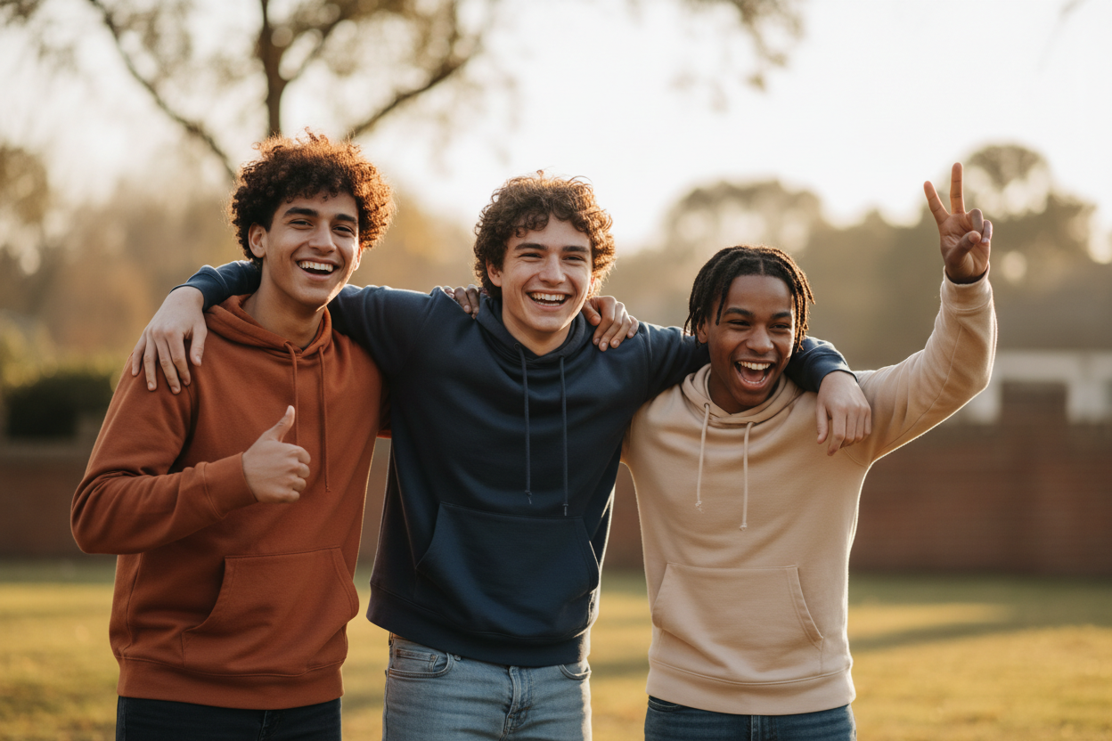 Mixed-race teenage males bonding and posing together for a candid group portrait, matching original testimonial style, lighting, and layout