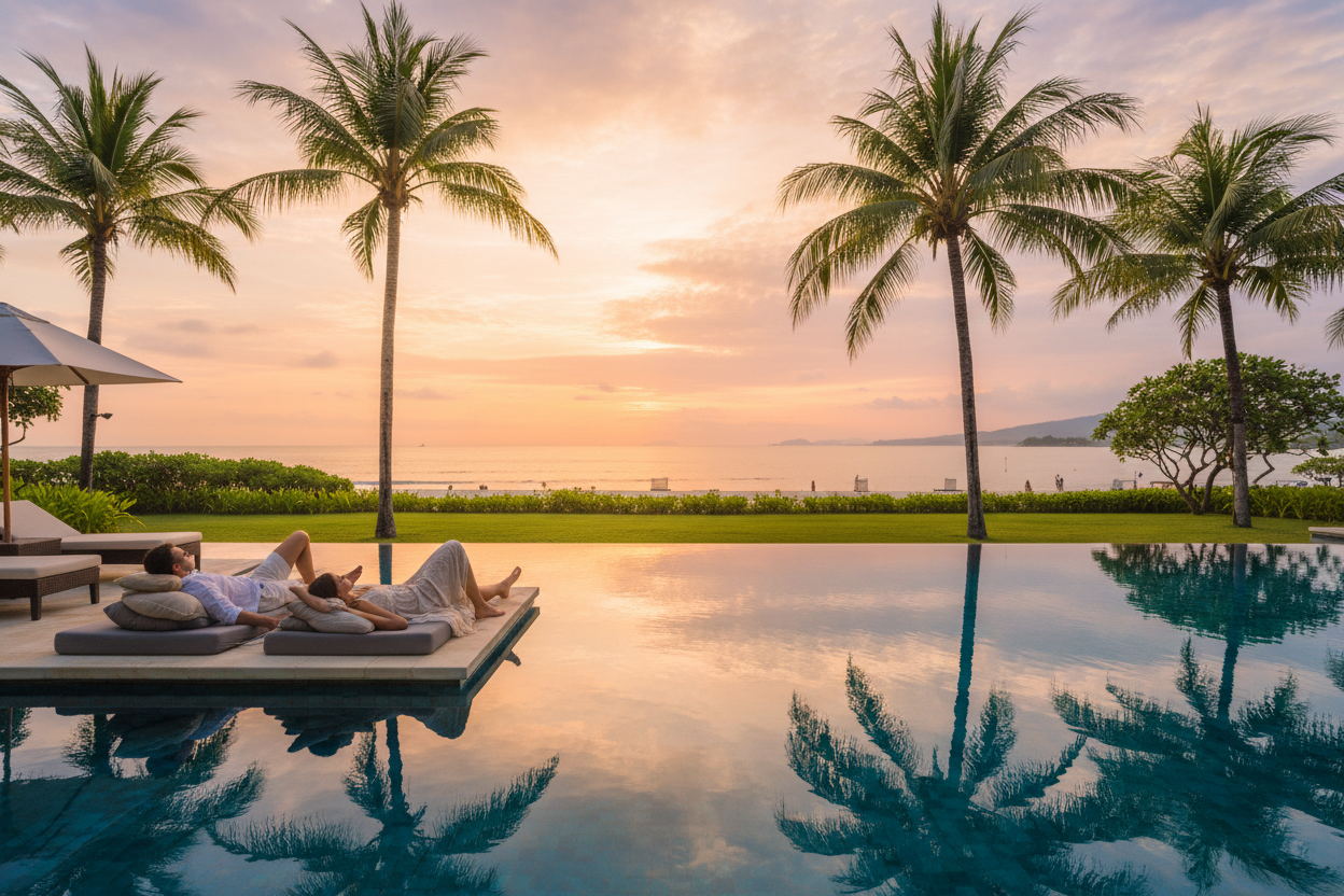 Relaxing by the pool in Nusa Dua, Bali, with palm trees and lounge chairs