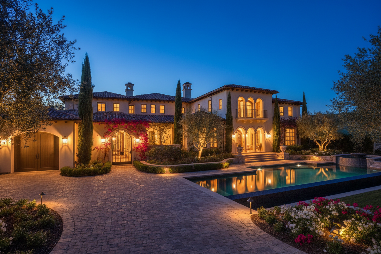 Hill Country luxury Mediterranean estate at twilight