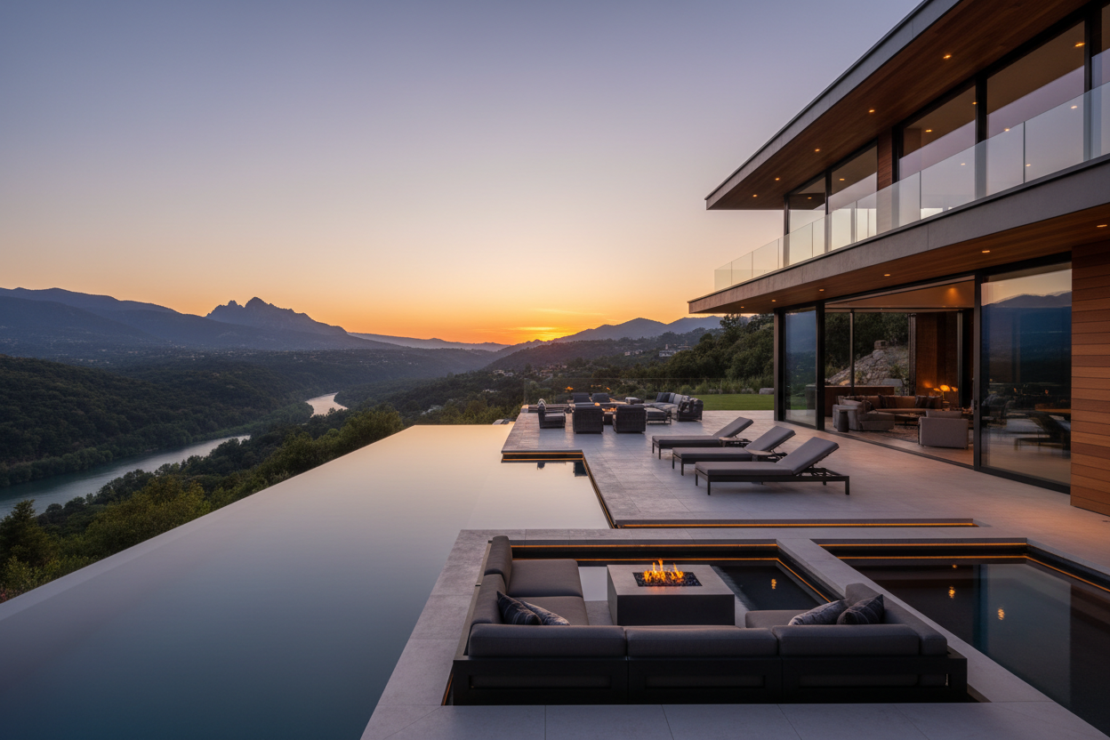 Resort-style pool and outdoor entertaining terrace with Hill Country views
