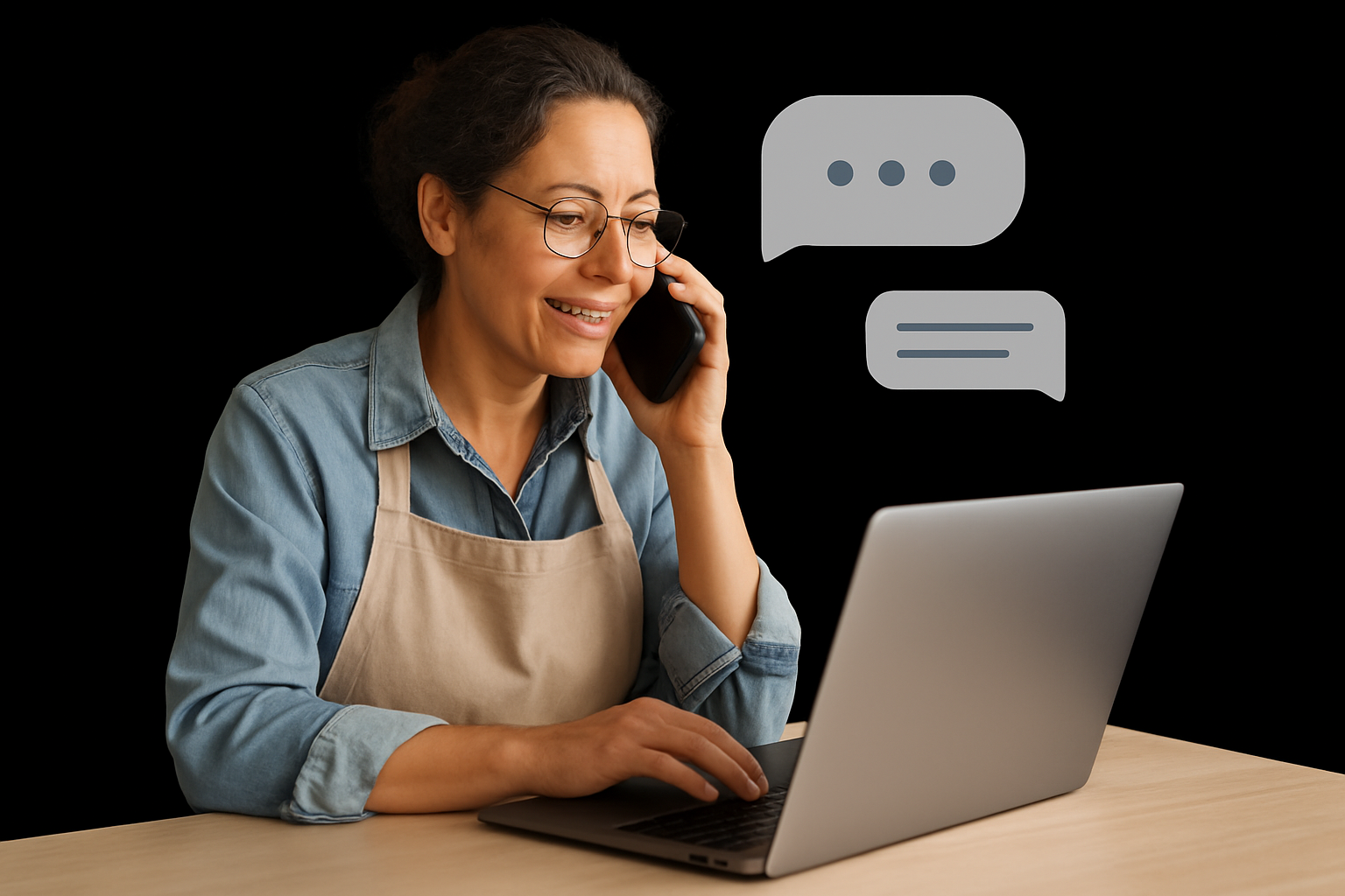 Real small business owner on phone/computer with chat message bubbles, transparent background